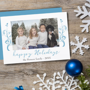 Tarjeta Festiva Family Photo Blue Foliage Christmas Happy