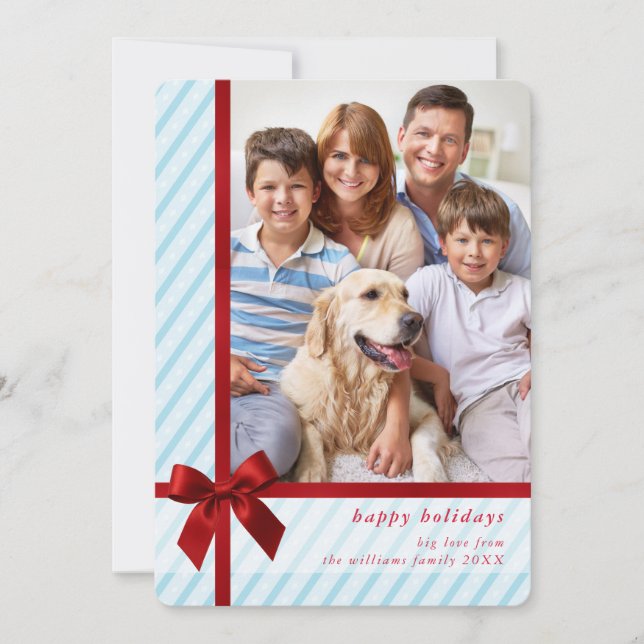 Tarjeta Festiva FAMILY PHOTO cute wrapped up red ribbon bow blue (Anverso)