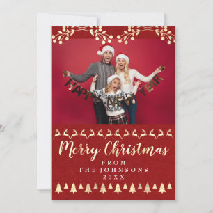 Tarjeta Festiva Family Photo Merry Christmas Gold Classy Red
