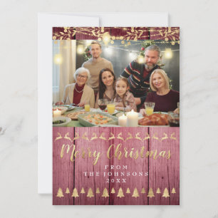 Tarjeta Festiva Family Photo Merry Christmas Gold Pink Rustic