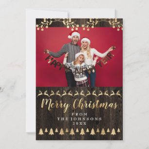Tarjeta Festiva Family Photo Merry Christmas Golden Script Classy