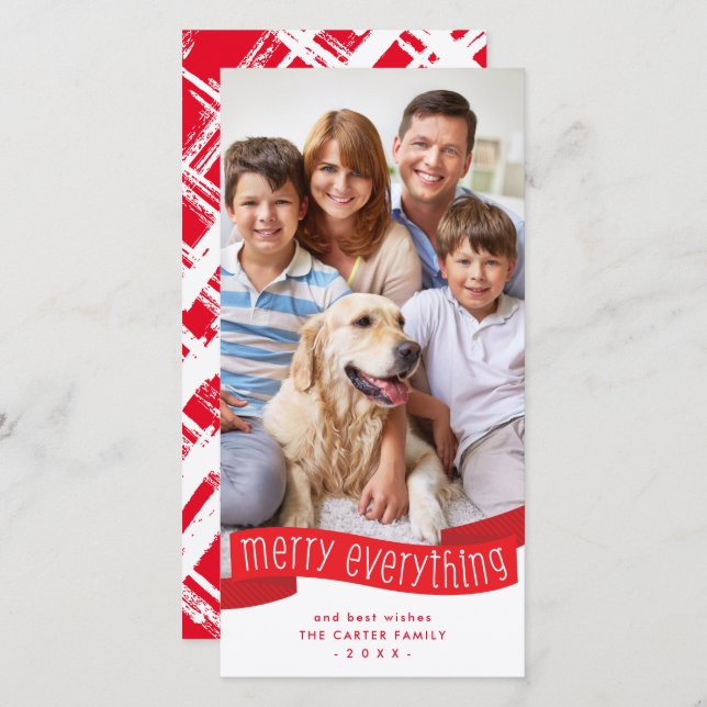 Tarjeta Festiva FAMILY PHOTO merry everything ribbon red  (Anverso / Reverso)