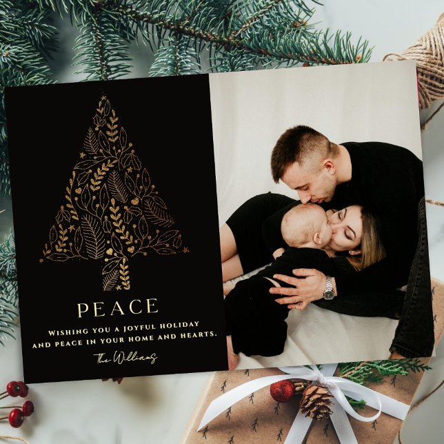 Tarjeta Festiva Family Tree Christmas Photo Elegant Gold & Black  (Subido por el creador)