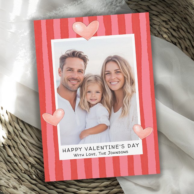 Tarjeta Festiva Family Valentine's Day Photo with Hearts Stripes (Available in both printed and instant download digital formats.)