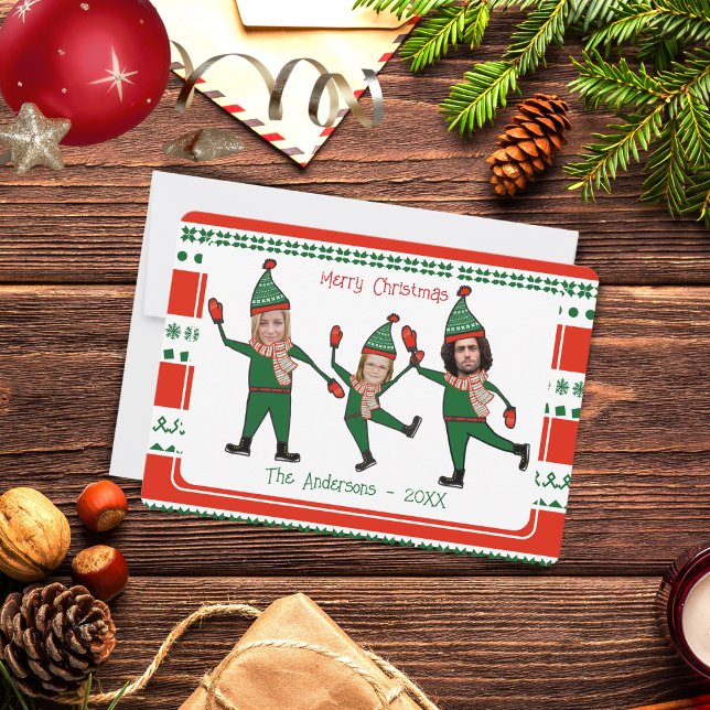 Tarjeta Festiva Famosa foto de la familia Elf verde rojo Feliz Nav (Subido por el creador)