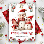 Tarjeta Festiva Famosa foto de una familia Snowman frente a Navida<br><div class="desc">Amuéstrate a tus invitados con esta tarjeta de Navidades graciosamente graciosa que presenta a una familia de muñecos de nieve con caras de personalizable de padre, madre e hijo. Un placer para los amigos y la familia. Simplemente agrega tu texto en esta plantilla fácil de usar y personaliza esta tarjeta...</div>