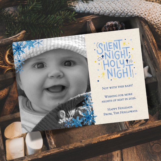 Tarjeta Festiva Famoso bebé azul Silencio Noche Uno Foto (Spread holiday cheer with humor with this "Silent Night" newborn holiday card.)