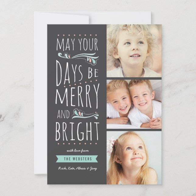 Tarjeta Festiva Fanciful Merry & Bright 3 Photo Christmas Card (Anverso)