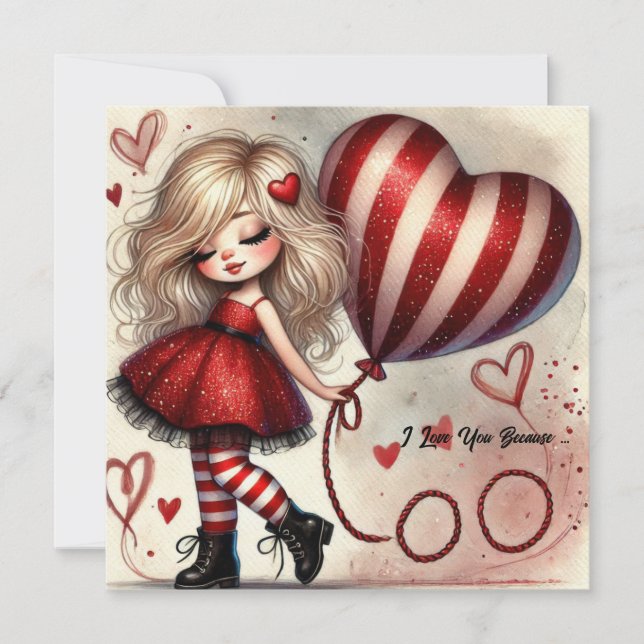 Tarjeta Festiva Fancy Little personalizado Valentine chica con glo (Anverso)