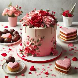 Tarjeta Festiva Fancy Red Rose Floral Cake Valentine