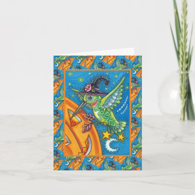 TARJETA FESTIVA FANTASÍA DE COLIBRÍ DE HALLOWEEN Y JACK O LANTERN (Anverso)