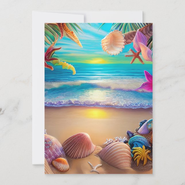 Tarjeta Festiva Fantasía de playa mística con flores tropicales (Anverso)