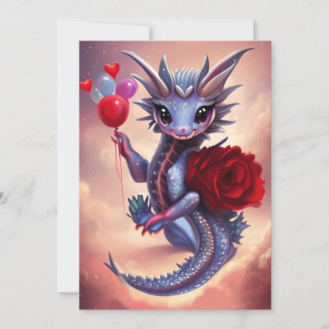 Tarjeta Festiva Fantasía del corazón rojo San Valentín Dragón (Anverso)