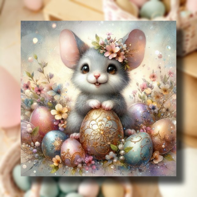 Tarjeta Festiva Fantasía floral con ratón de Pascua y huevos (Subido por el creador)