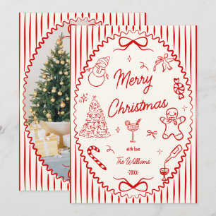 Tarjeta Festiva Fantasiosas Garabatos Dibujados a Mano Rojo Navida