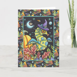 TARJETA FESTIVA FANTASÍOSO CABALLO MARINO COLORIDO, BRUJA EN EL MA