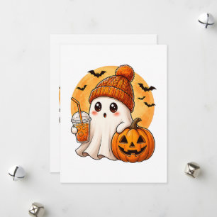 Tarjeta Festiva Fantasma bebiendo café helado con Halloween de cal