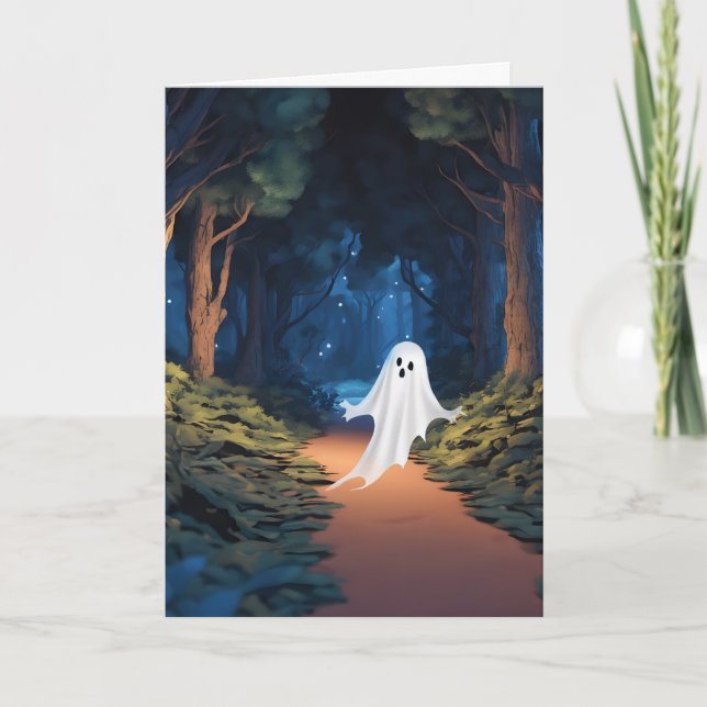 Tarjeta Festiva Fantasma Blanca De Halloween En El Bosque (Anverso)