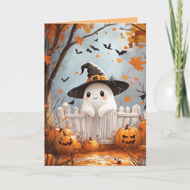 Tarjeta Festiva Fantasma de Halloween con calabazas (Anverso)