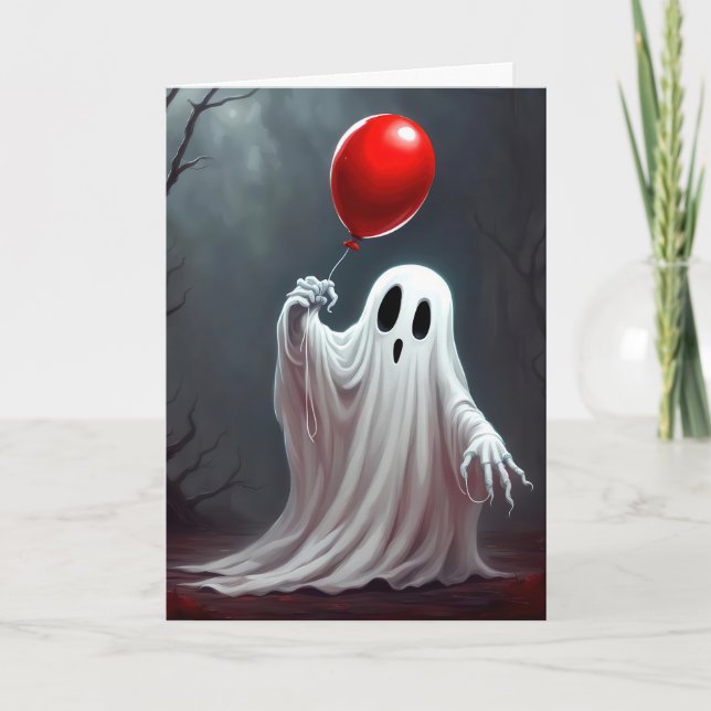 Tarjeta Festiva Fantasma De Halloween Con Globo Rojo (Anverso)