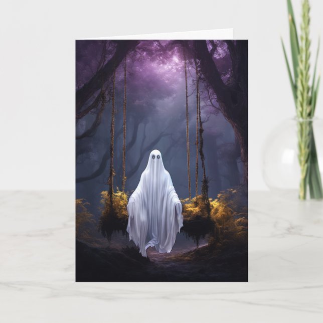 Tarjeta Festiva Fantasma De Halloween En Swing (Anverso)