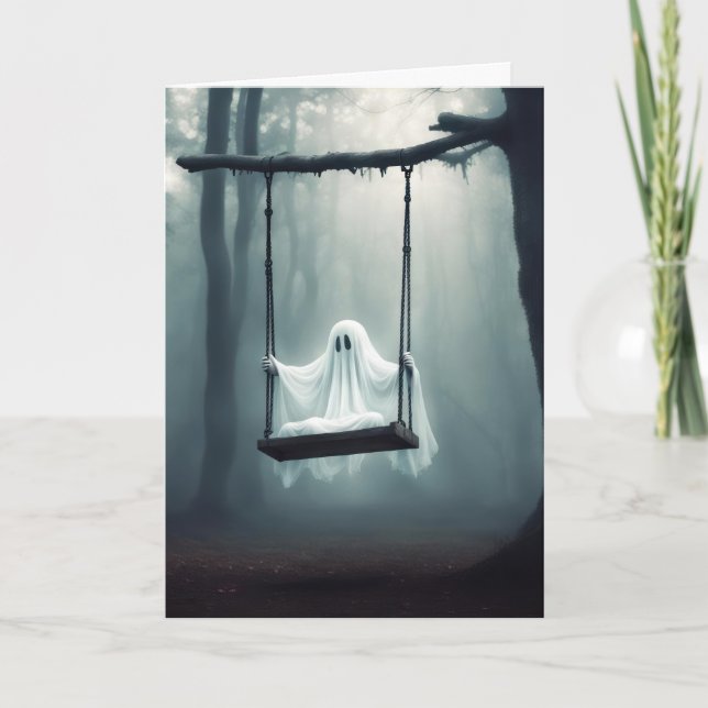 Tarjeta Festiva Fantasma De Halloween En Un Swing (Anverso)