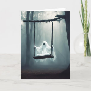 Tarjeta Festiva Fantasma De Halloween En Un Swing