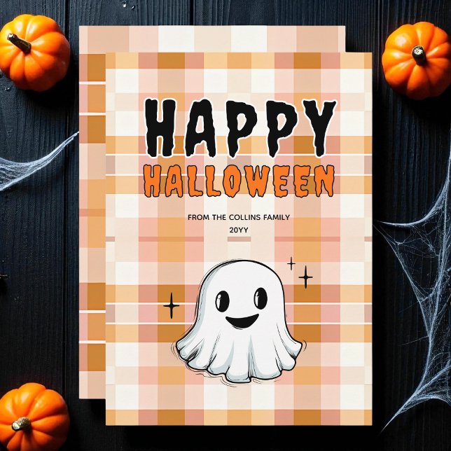 Tarjeta Festiva Fantasma dulce Naranja y negro feliz Halloween (Cute Ghost Spooky Orange and Black Happy Halloween Holiday Card)
