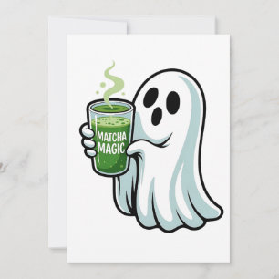 Tarjeta Festiva Fantasma espeluznante de Halloween bebiendo Matcha