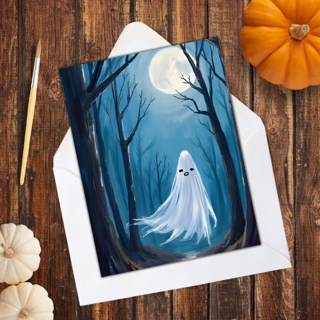 Tarjeta Festiva Fantasma Espeluznante | Feliz Halloween Bosque Emb (Subido por el creador)