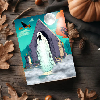 Tarjeta Festiva Fantasma espeluznante y aterrador parado en el cem