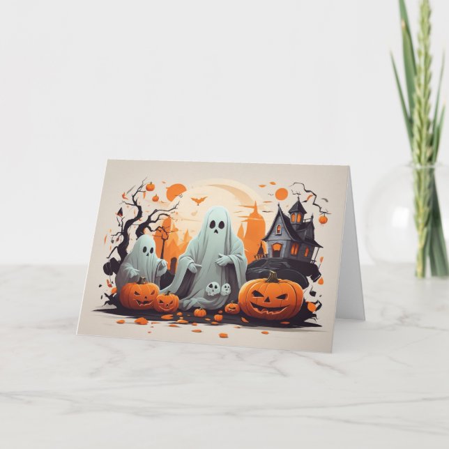 Tarjeta Festiva Fantasma feliz de Halloween y calabazas (Anverso)