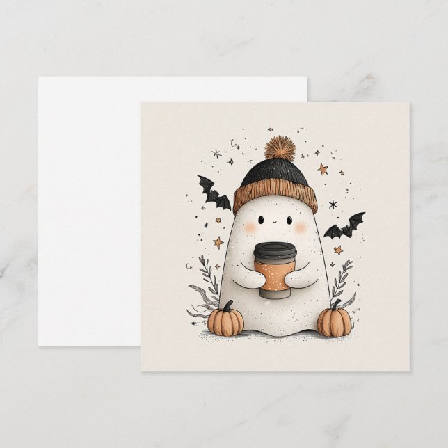 Tarjeta Festiva Fantasma Lindo con Latte de Calabaza – Halloween O (Anverso / Reverso)