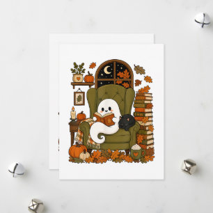 Tarjeta Festiva Fantasma Lindo Leyendo Libro Gato Negro Otoño Cala