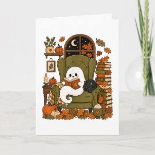 Tarjeta Festiva Fantasma Lindo Leyendo Libro Gato Negro Otoño Cala