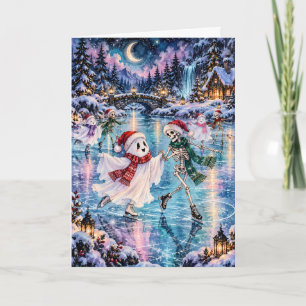 Tarjeta Festiva Fantasma patinando y esqueleto Creepmas
