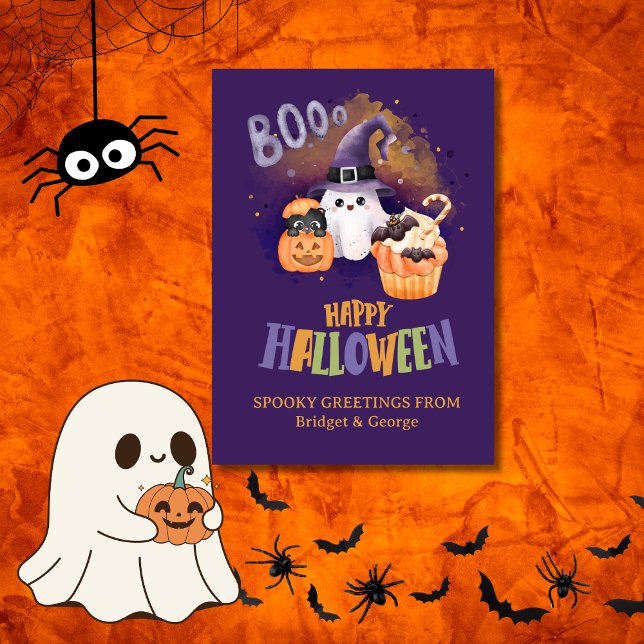 Tarjeta Festiva Fantasma violeta y saludo de Halloween de calabaza (Subido por el creador)