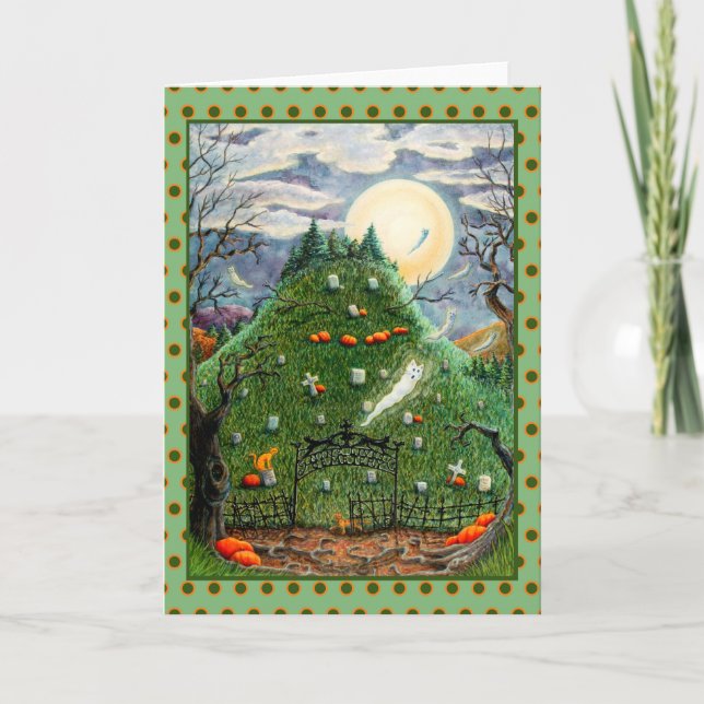 TARJETA FESTIVA FANTASMAS CAT EN NUEVE VIDAS ARTE DE CEMETERY SPOO (Anverso)