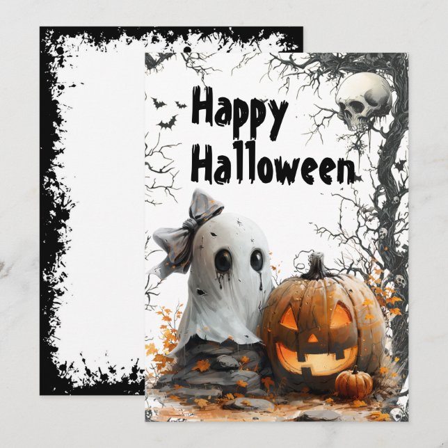 Tarjeta Festiva Fantasmas Felices — Halloween Personalizable (Anverso / Reverso)
