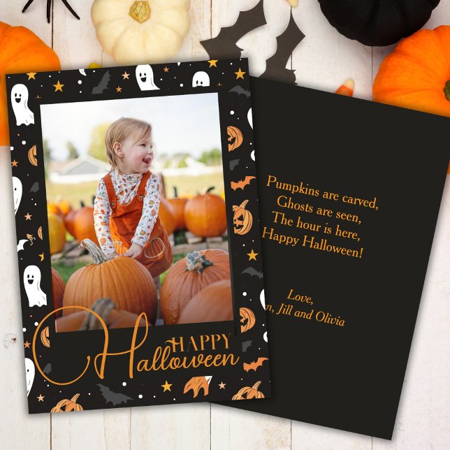 Tarjeta Festiva Fantasmas y gurdas felices fotos de Halloween (Cute Ghosts and Gourds Happy Halloween Photo Holiday Card)