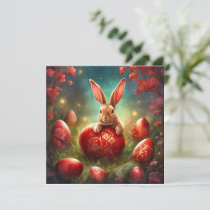 Tarjeta Festiva Fantástico conejito de Pascua con huevo rojo
