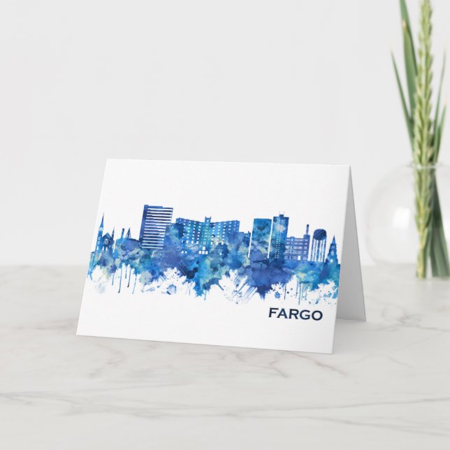 Tarjeta Festiva Fargo North Dakota Skyline Blue (Anverso)
