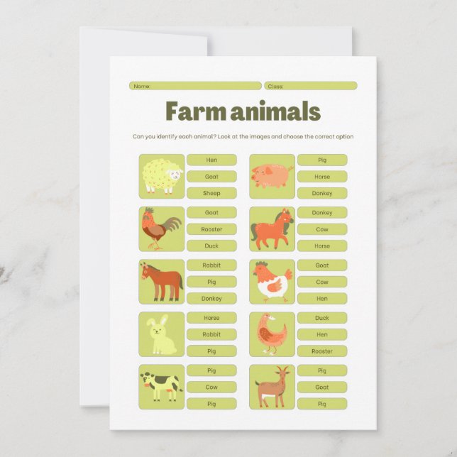 Tarjeta Festiva Farm Animals Identification Educational Worksheet (Anverso)