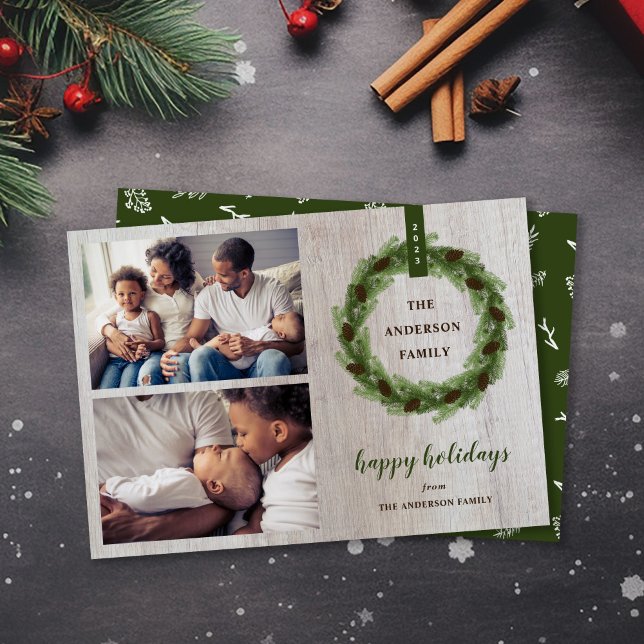 Tarjeta Festiva Farmhouse Pine Wreath Happy Holidays 2 Photo (Subido por el creador)
