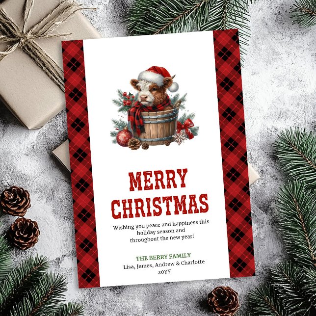 Tarjeta Festiva Farmhouse style highland cow holiday card art (Farmhouse style highland cow holiday card art)