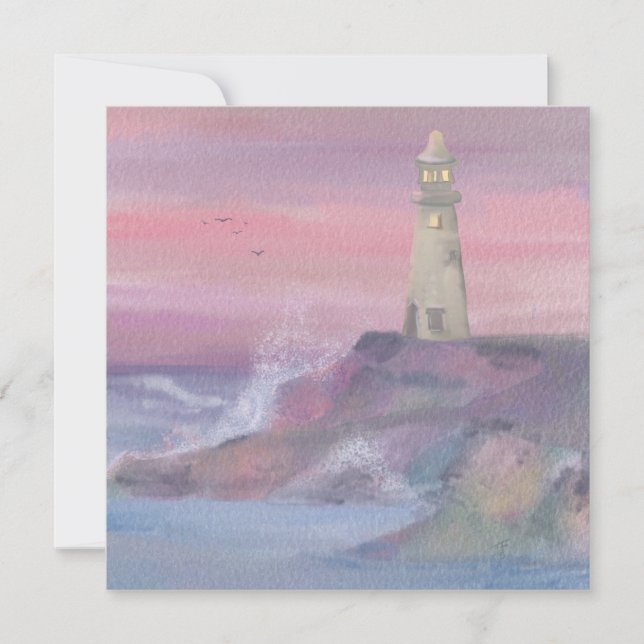 Tarjeta Festiva Faro Azul Costero Con Cielo Rosa (Anverso)