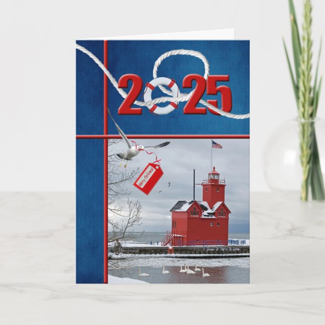 Tarjeta Festiva Faro Big Red Michigan 2025 de los navidades (Anverso)