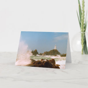 Tarjeta Festiva Faro de Corbiere en una tormenta de invierno