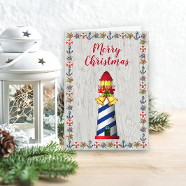 Tarjeta Festiva Faro de Driftwood para Navidades Náuticos