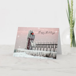 Tarjeta Festiva Faro de invierno de South Haven Michigan con nieve